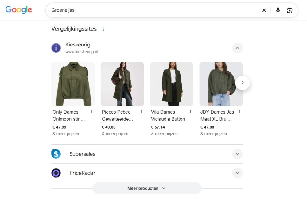 Weergave van de organische Google Shopping carrousel versus de nieuwe aggregator unit